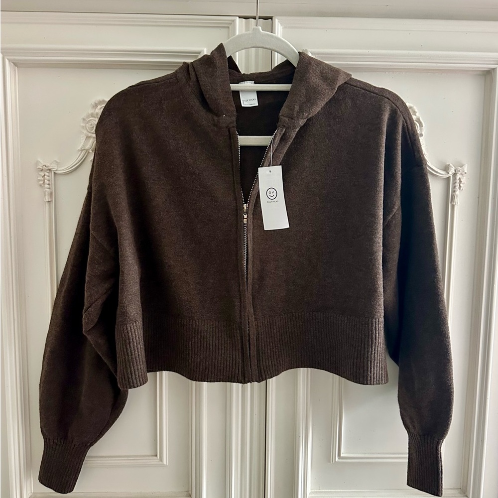 Gilly Hicks Sweater Knit Cropped Zip Hoodie Heather Espresso Brown